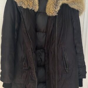 Zara Black Puffer Jacket with Fur Collar
